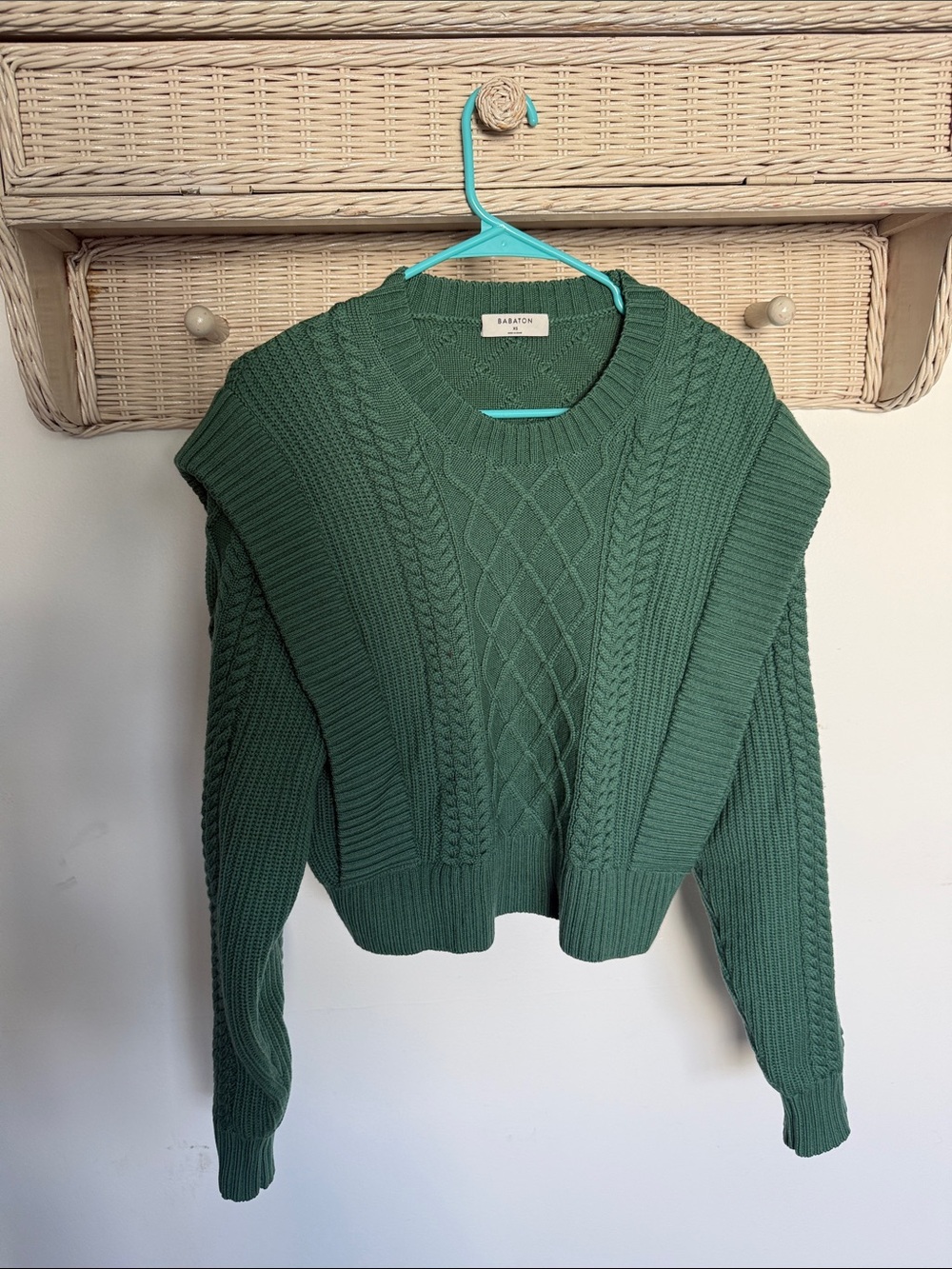 Babaton Forest Green Cable Knit Crewneck Sweater